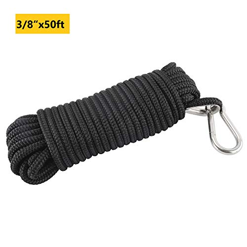 DasMarine 50 ft Double Braided Nylon Anchor Rope for Boats, Stainless Steel Thimble & Marine Grade Snap Hook, Black (3/8