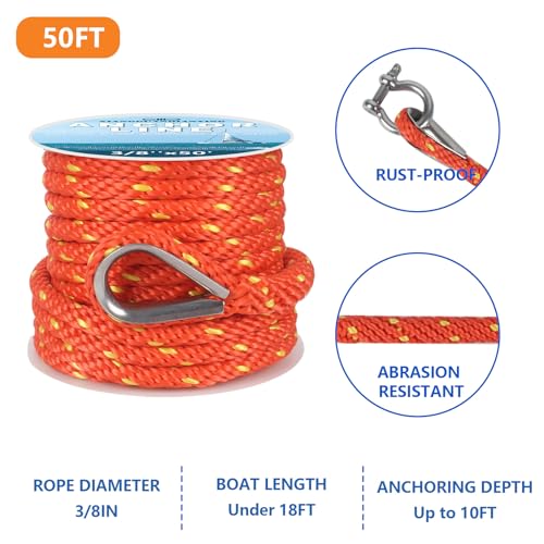 Premium Solid Braid Anchor Rope 50 Ft x 3/8 Inch Marine Boat Rope - Orange/Yellow
| Heavy Duty Shackle Marine Anchor Li