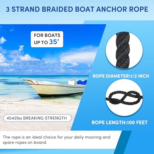 Boat Anchor Rope 100 ft x 1/2 inch Black 3 Strand with Stainless Steel Thimble & Shackle for Boats Up to 35'
Boat Anchor