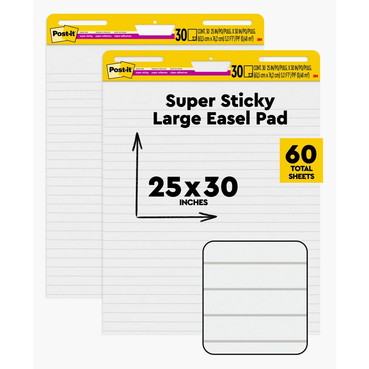 Post-it Super Sticky Easel Pad, Great for Virtual Teachers, 25 x 30 Inches, 30 Sheets/Pad, 2 Pads, Lined Premium Self St