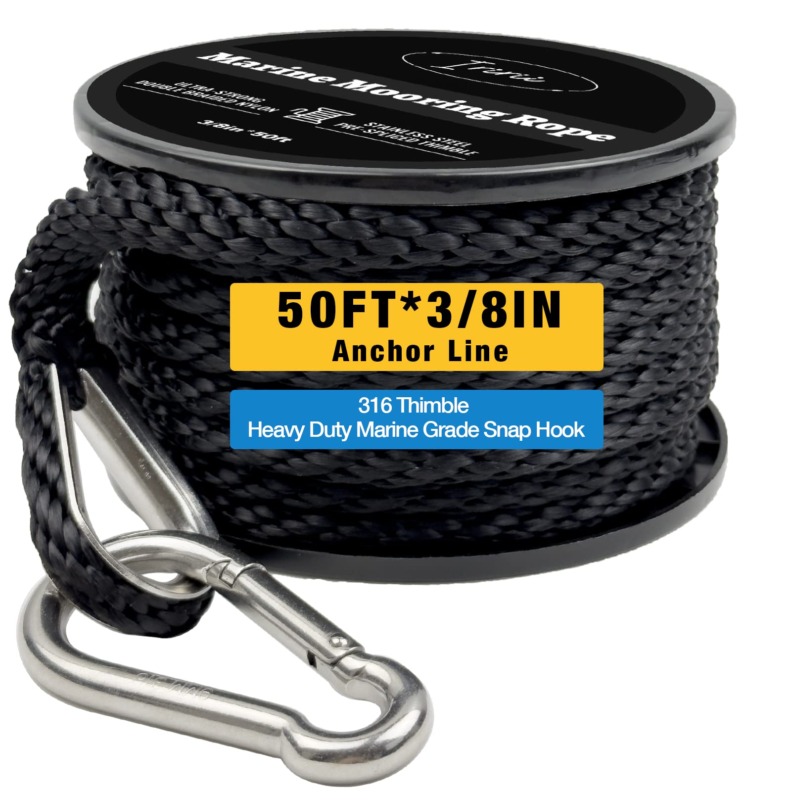 50 Feet Double Braided Nylon Boat Anchor Rope, 3/8inch, Black: For Marine Grade Anchor Line (Boat Owners, Fishing Enthus