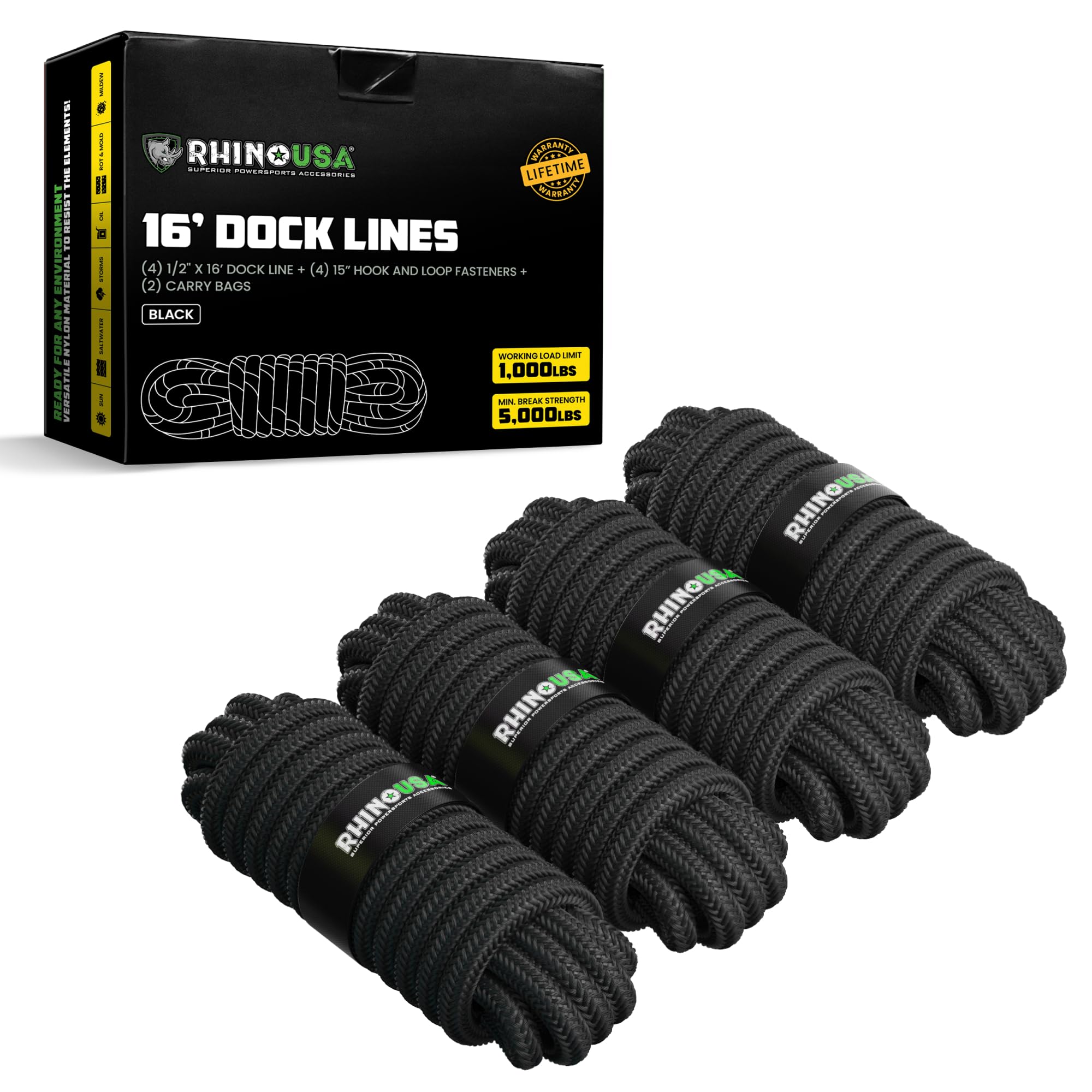 Rhino USA Heavy Duty Marine Grade Dock Lines for Boats Kayaks Pontoons Fishing Black