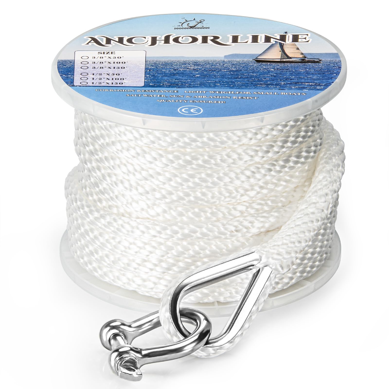 Premium Braided 3/8 Inch x 50ft Boat Anchor Rope for Sailboats, Yachts & Fishing Boats
| Stainless Steel Thimble & Shac