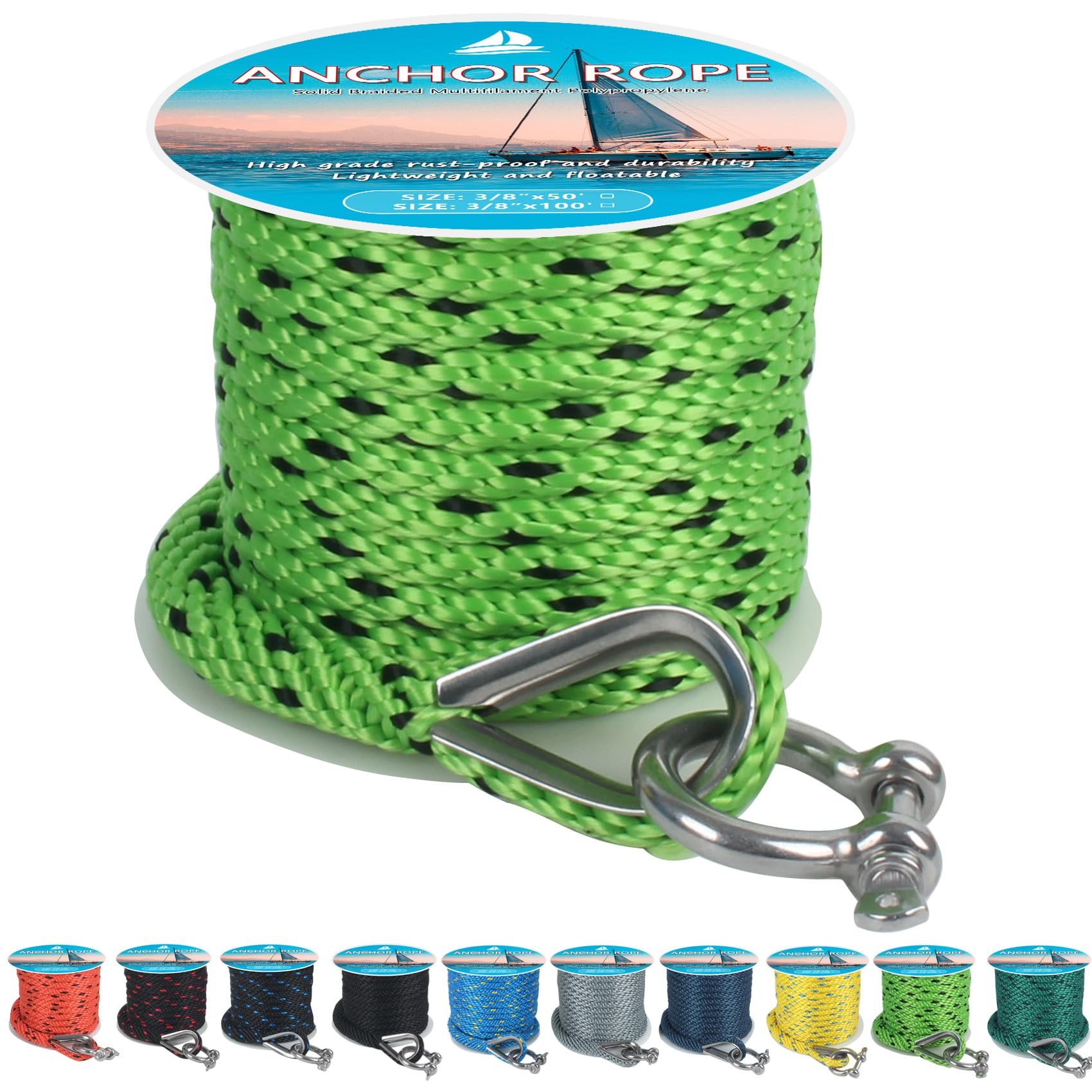 Premium Solid Braid MFP Anchor Line 50 ft x 3/8 inch for Boat
| 316 Stainless Steel Thimble & Shackle Boat Anchor Rope