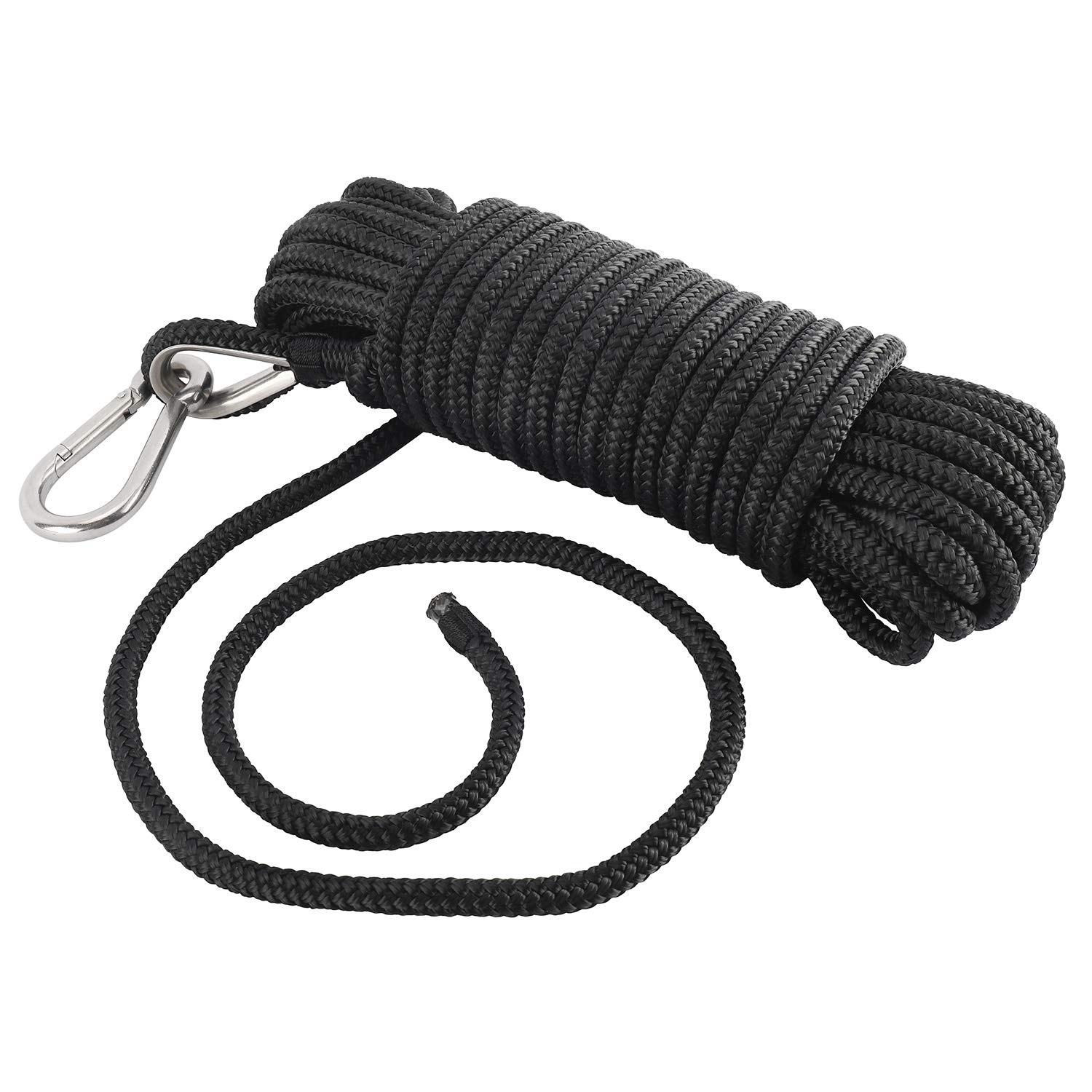 DasMarine 50 ft Double Braided Nylon Anchor Rope for Boats, Stainless Steel Thimble & Marine Grade Snap Hook, Black (3/8