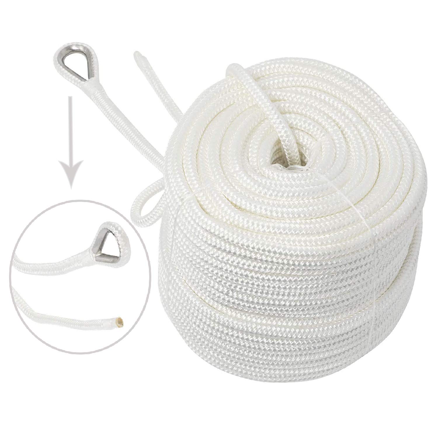 NovelBee White 3/8" x 300' Double Braid Nylon Anchor Line with Thimble for Boating and Fishing