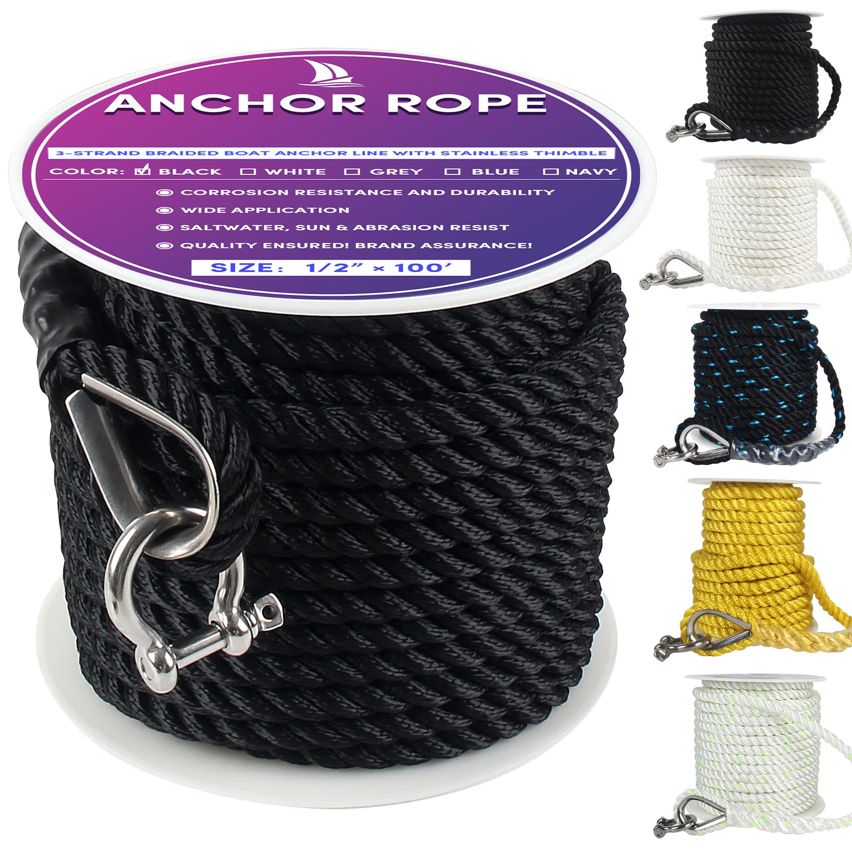 Boat Anchor Rope 100 ft x 1/2 inch Black 3 Strand with Stainless Steel Thimble & Shackle for Boats Up to 35'
Boat Anchor