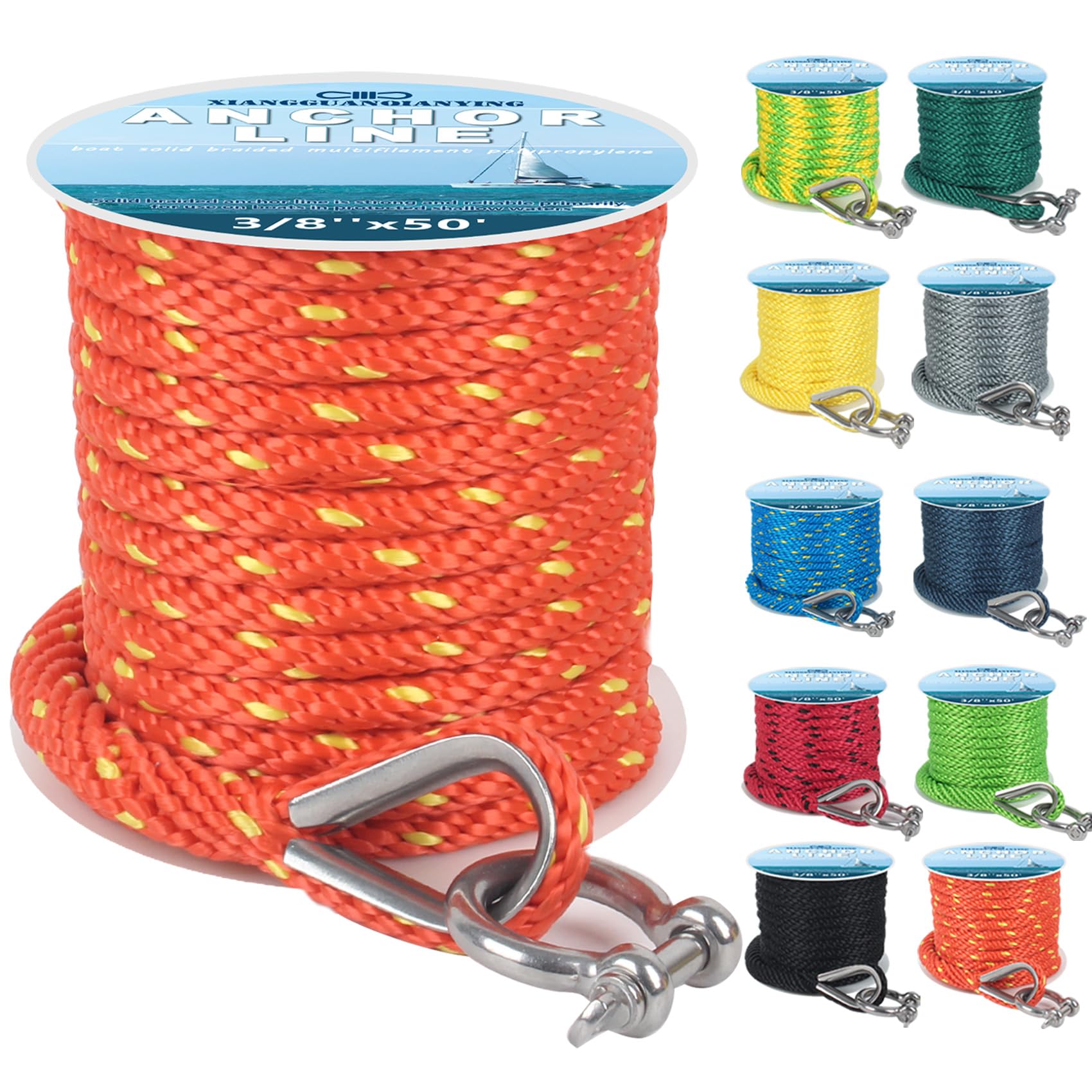 Premium Solid Braid Anchor Rope 50 Ft x 3/8 Inch Marine Boat Rope - Orange/Yellow
| Heavy Duty Shackle Marine Anchor Li